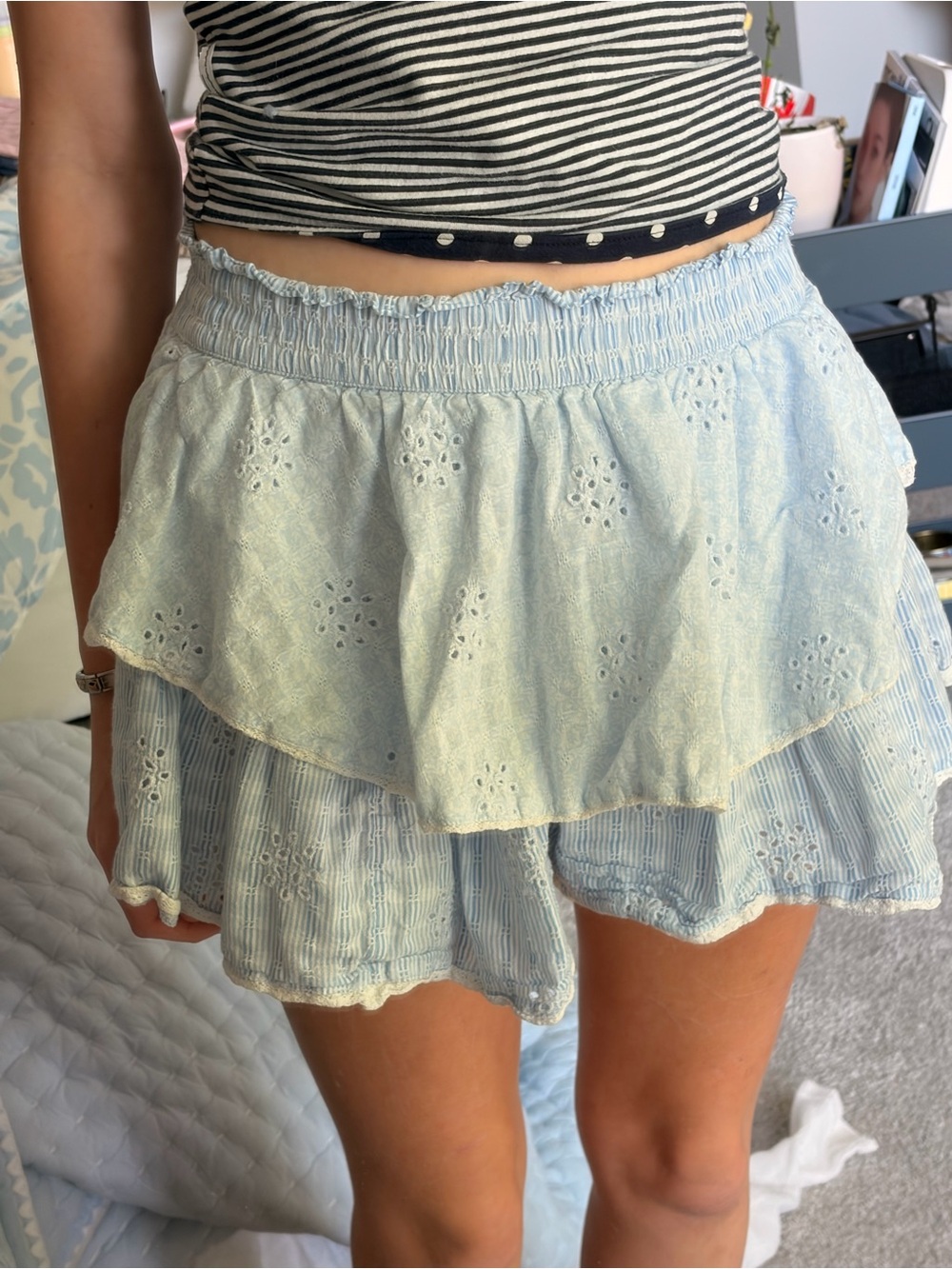 American Eagle Outfitters Light Blue Tiered Eyelet Mini Skirt
